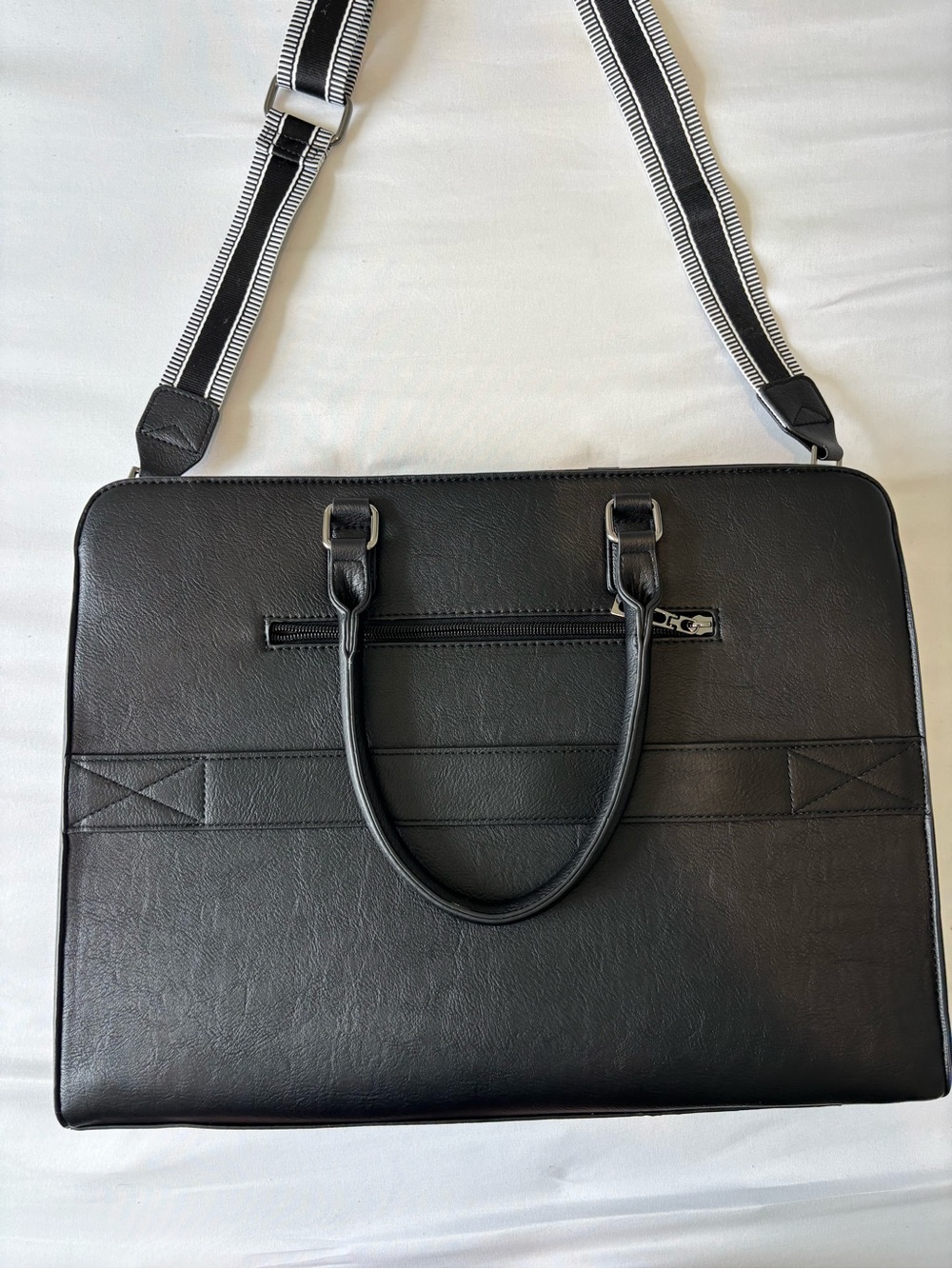Double Black Leather Briefcase with Striped Detachable Strap - Picture 5 of 9